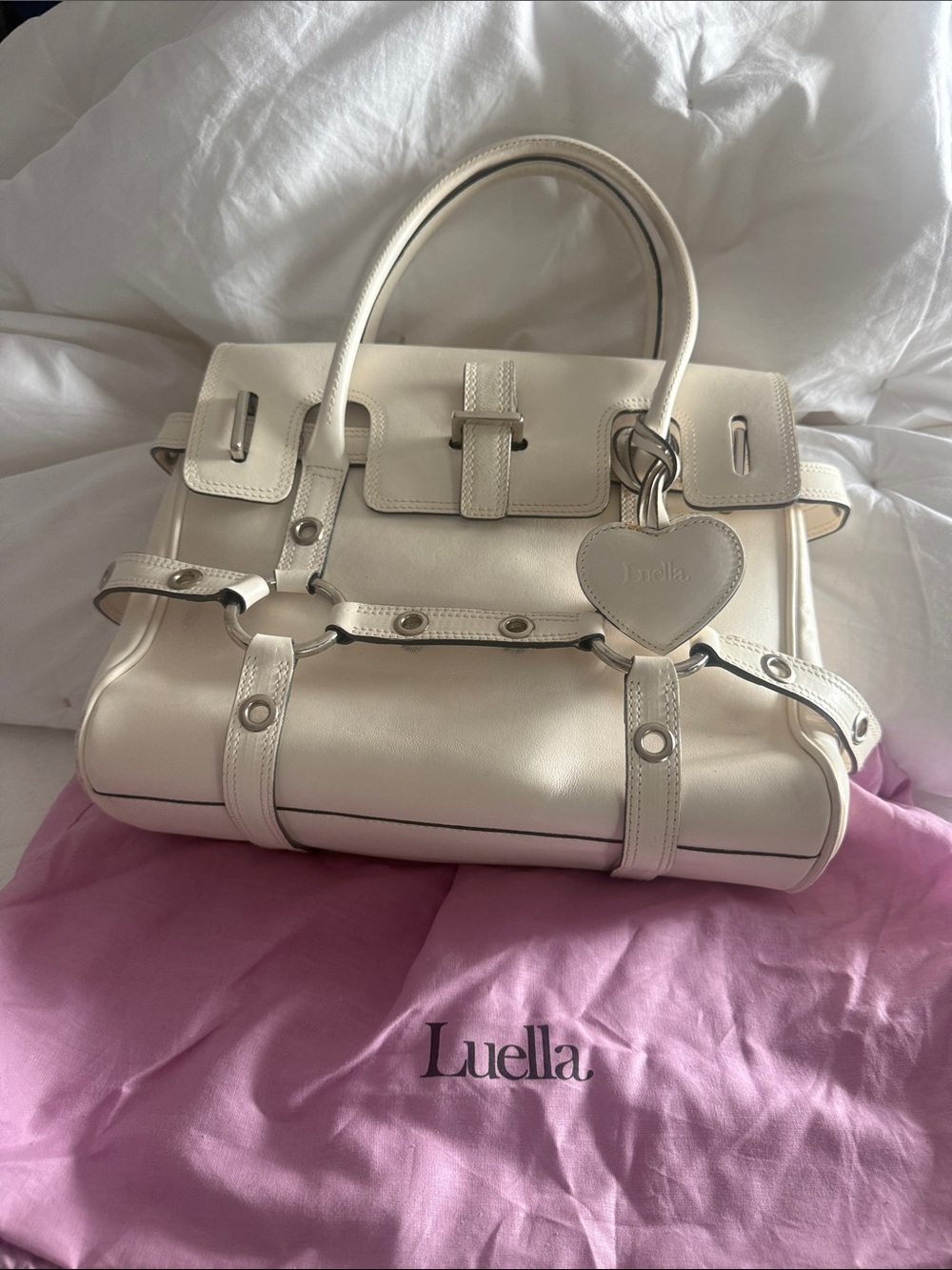 Ella Cream Leather Satchel with Heart Charm